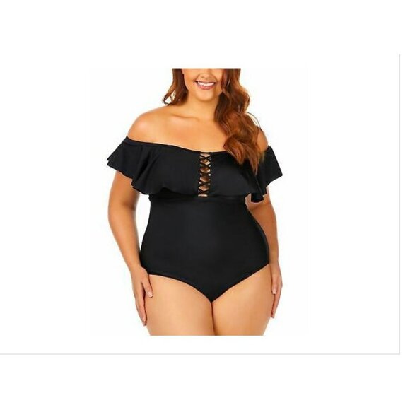 Raisins Curve $94 Black Plus Size Caicos One Piece Swimsuit Size 16W - Picture 1 of 5